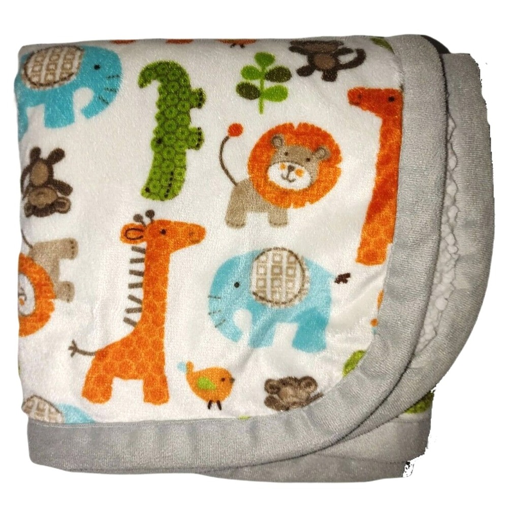 Sunshine Jungle Baby Blanket White Sherpa Gray Giraffe Elephant Monkey Bird Lion